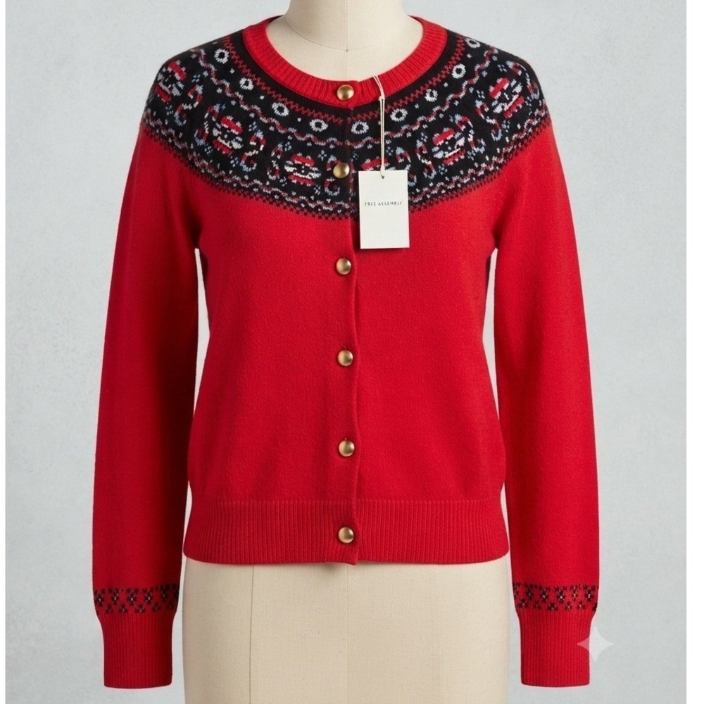 Free Assembly Womens Fair Isle Cardigan Sweater Red Gold Buttons XXL 20 NWT